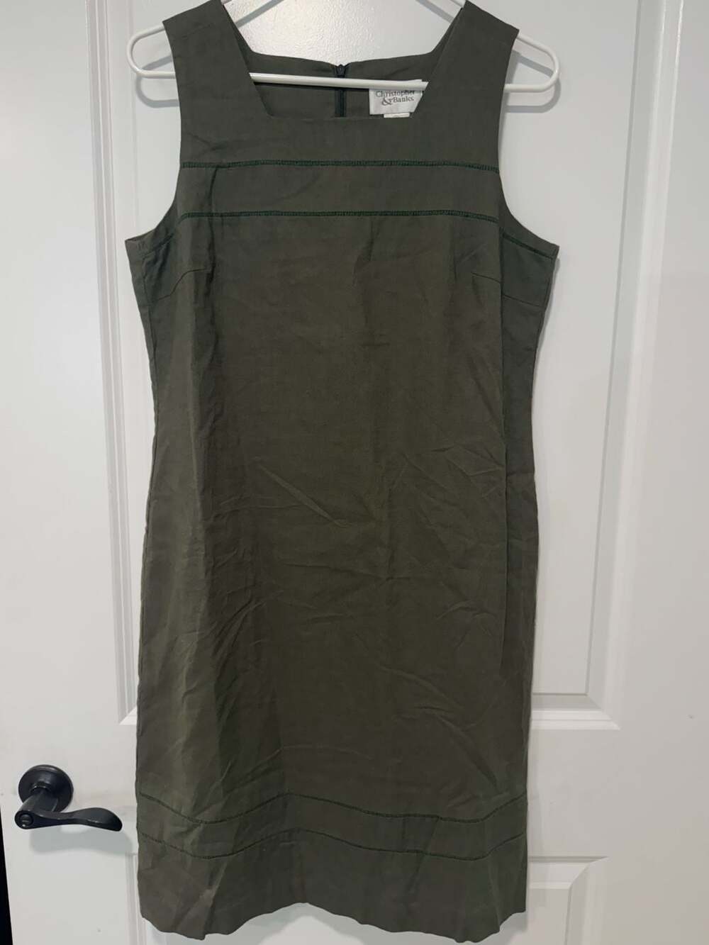 Olive Green Linen Blend Midi Shift Dress Minimalist Women’s Size 10 NWT